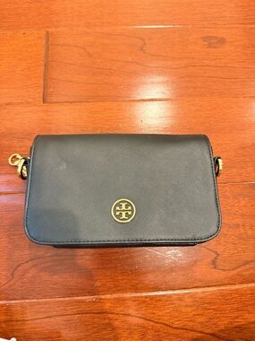 Tory Burch Black Leather Crossbody with Gold Logo Medallion